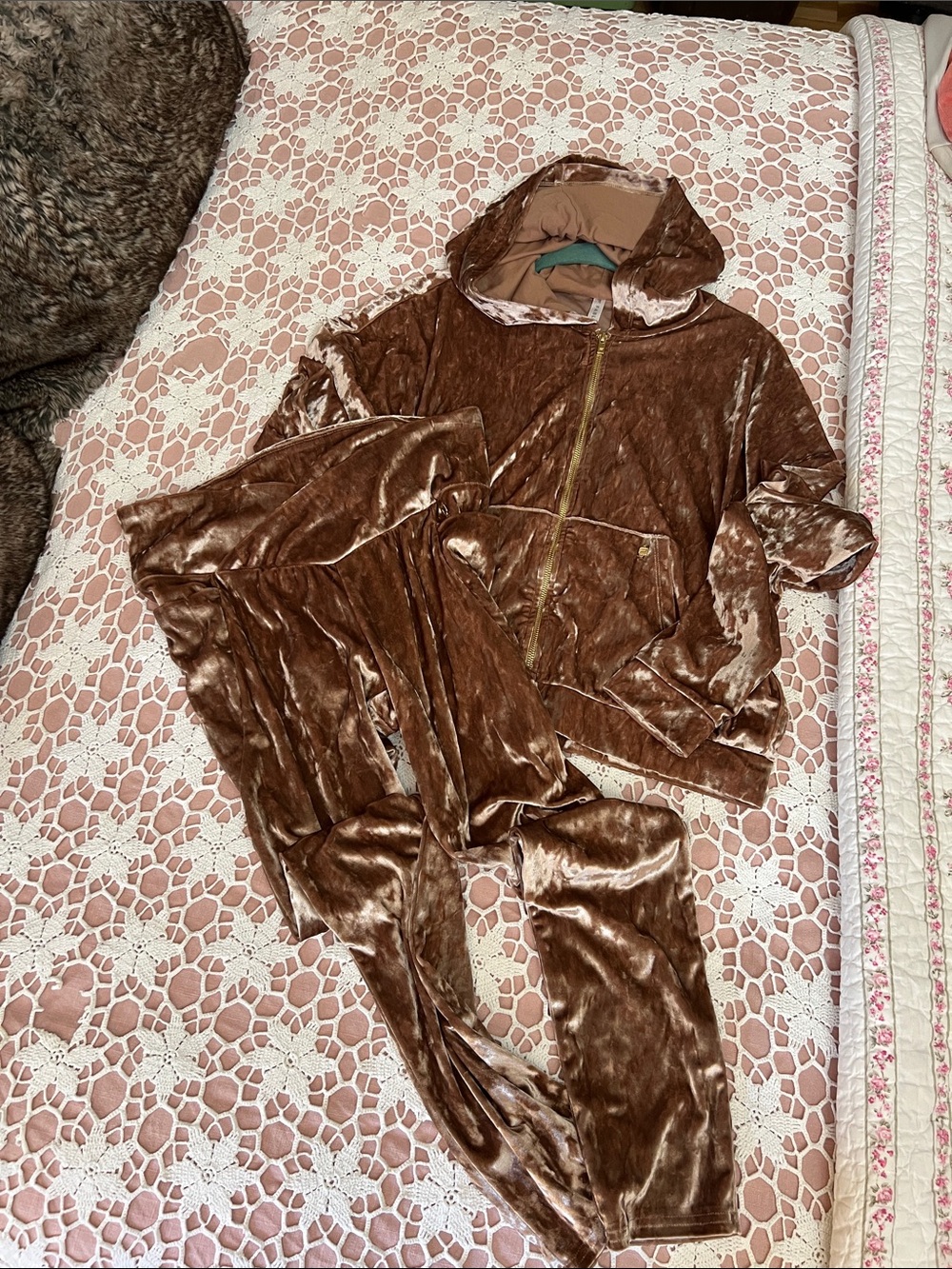 Fabletics Shimmery Cocoa Velvet Zip Hoodie with Gold Zipper